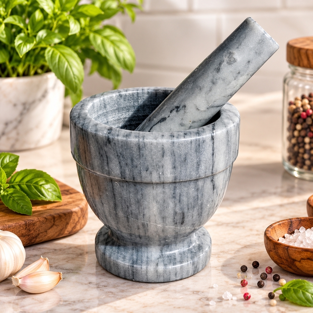 Sur La Table Grey Marble Mortar and Pestle Spice Herb Grinder Crusher 3.75" NWOB